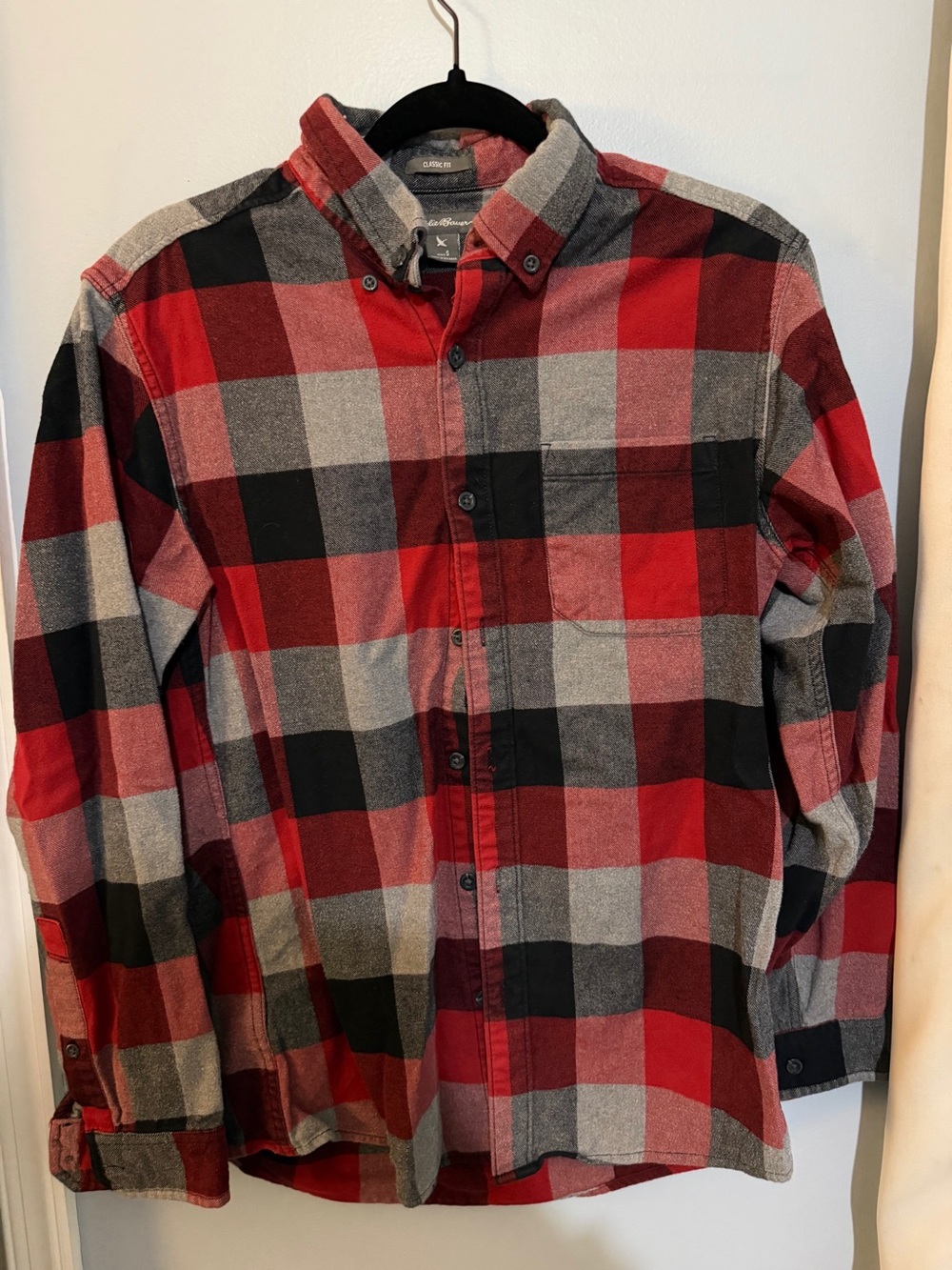 Eddie Bauer Red, Black and Gray Plaid Button-Down Shirt